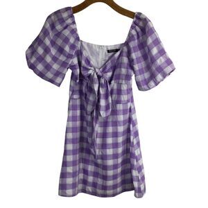 Nasty Gal Womens Mini Tie-Neck Dress Short Sleeve Gingham Purple Size 6